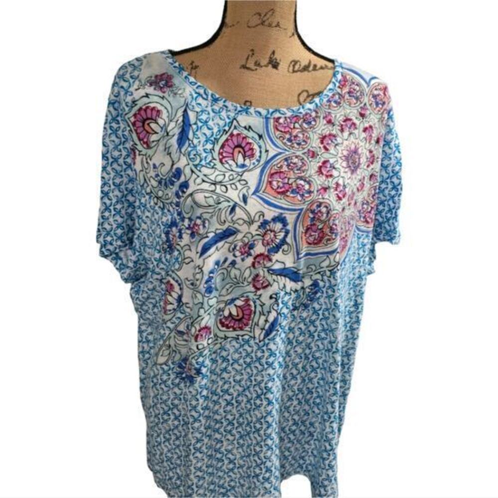 Talbots Linen Blend Floral Blue, White and Pink Short Sleeve Shirt Plus Size 2X*